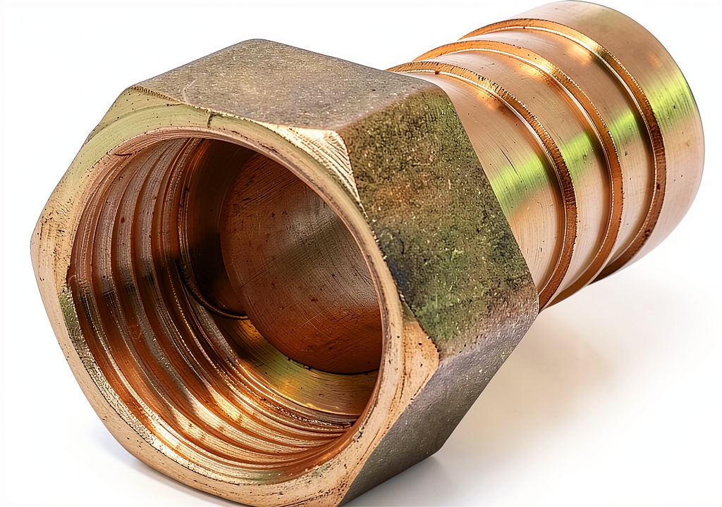 'Brass quick-connect fitting with hose attached in a workshop setting'