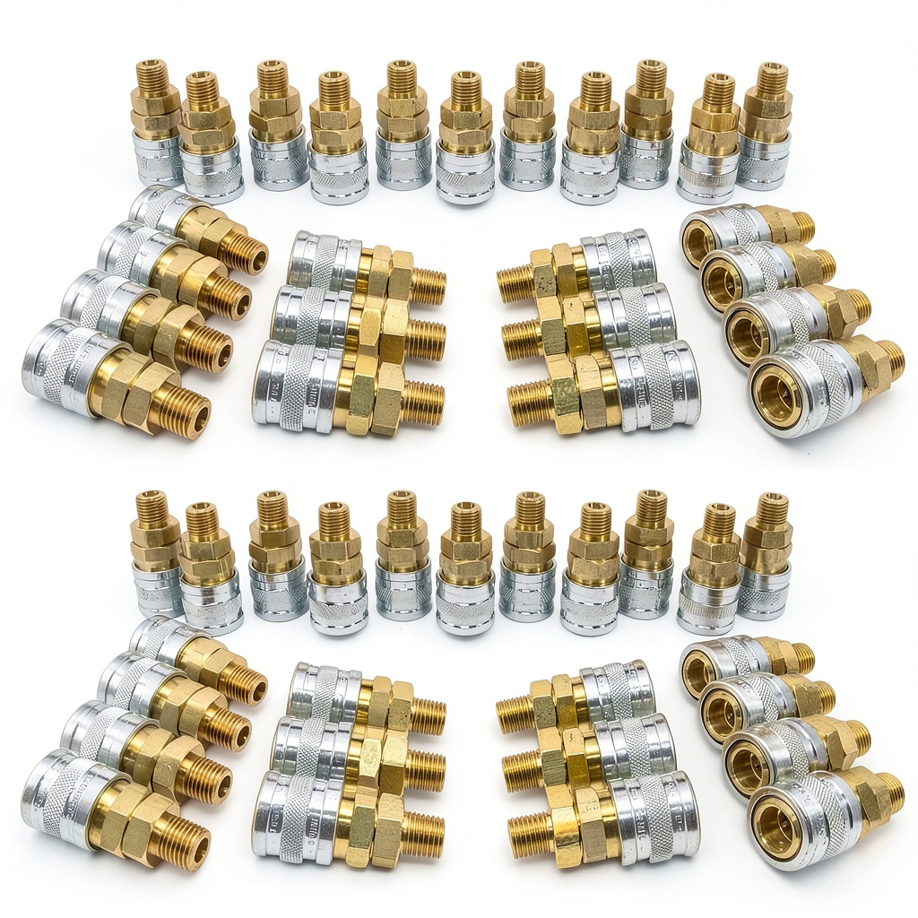 Foster Brass Male Coupler set displayed on a workbench