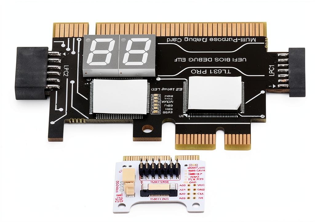 YWBL-WH motherboard analyzer diagnostic card with components displayed