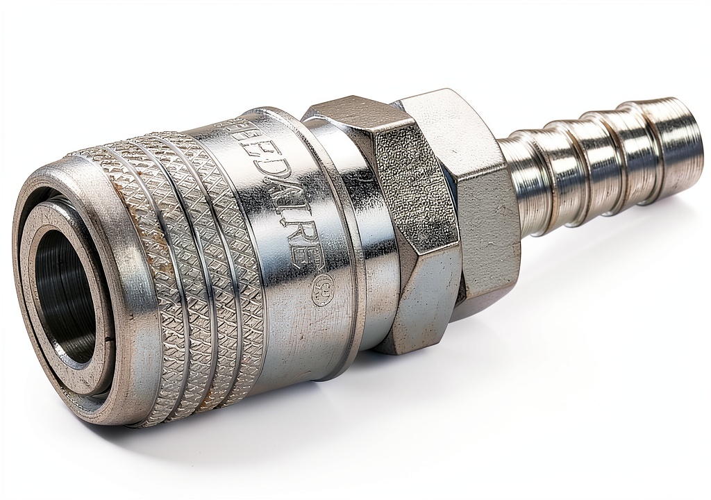 Generic quick connect barb fitting installed in an industrial hose system