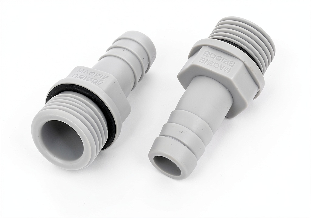 uxcell Hose Barb Coupler showing gray plastic construction and threaded end