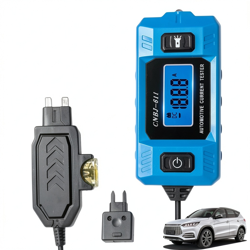 NYXIFYLO Circuit Tester LED Model 24026815 being used on a car fuse panel in a garage