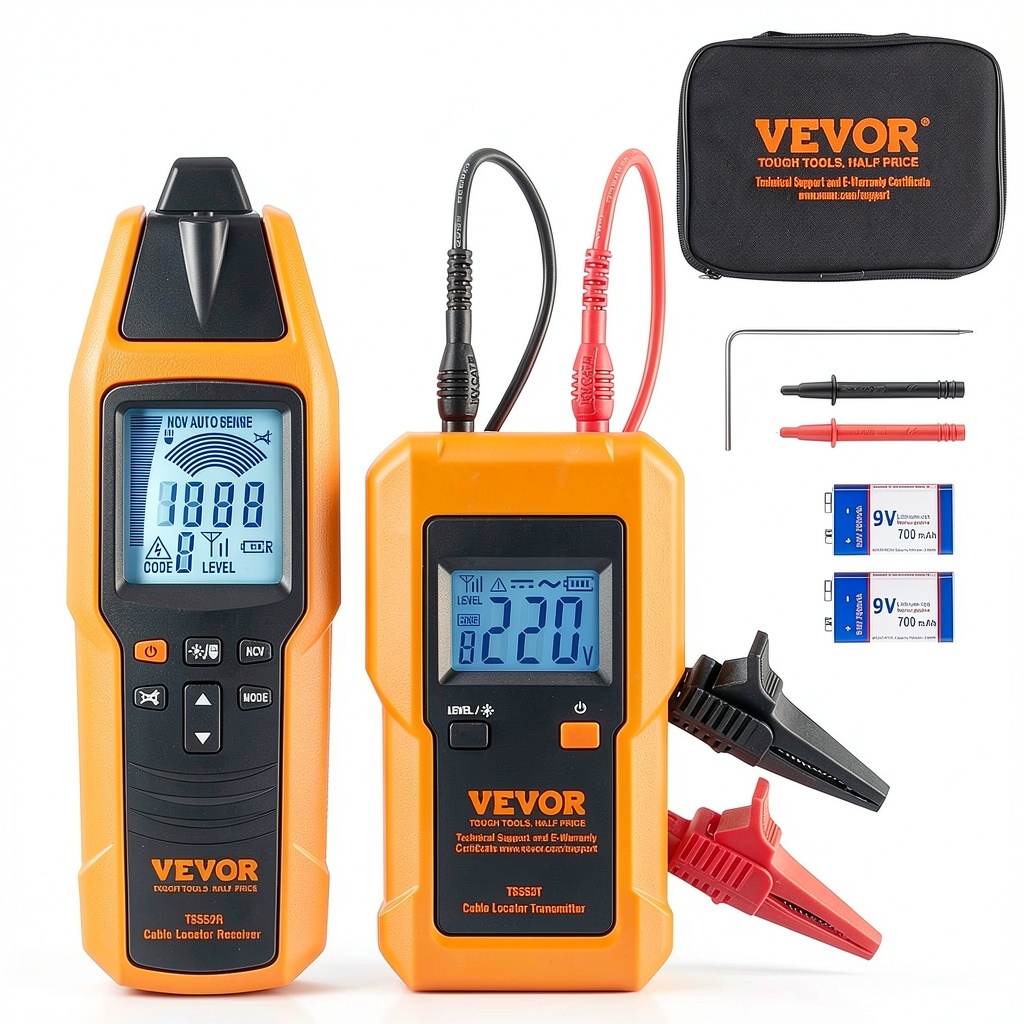 Technician using VEVOR TS552 underground cable locator in a dimly lit trench